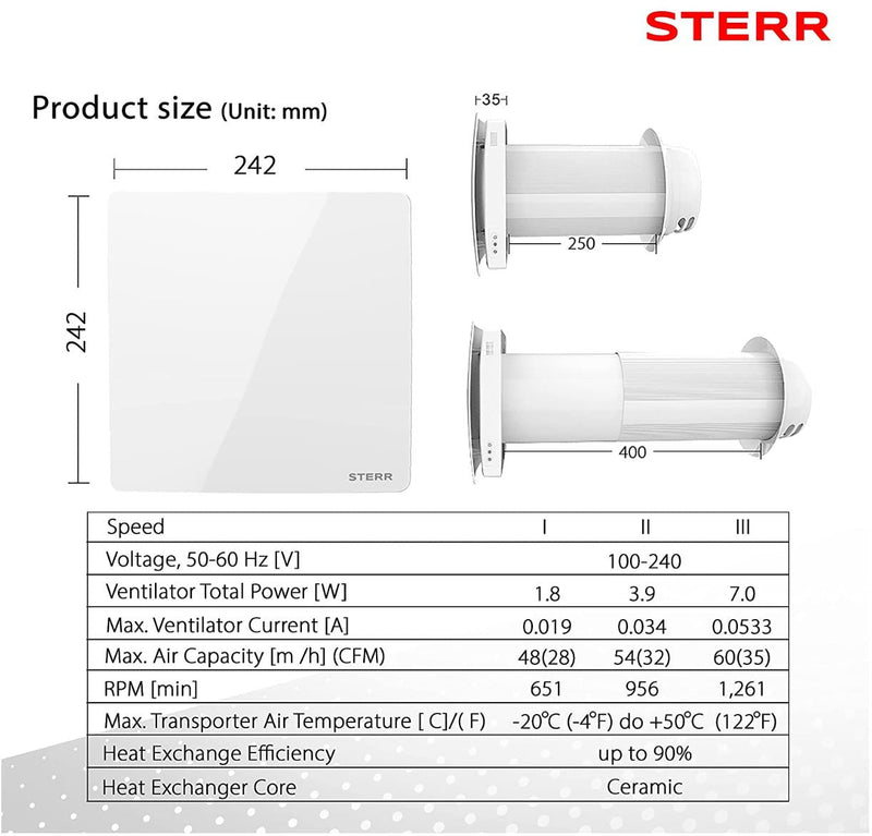 HRV160 - Ø 160 mm Dezentrale Lüftung mit Wärmerückgewinnung - Wohnraumlüftung, Lüftungsanlage mit Wärmerückgewinnung - Warmluftverteiler, Wandlüfter - STERR