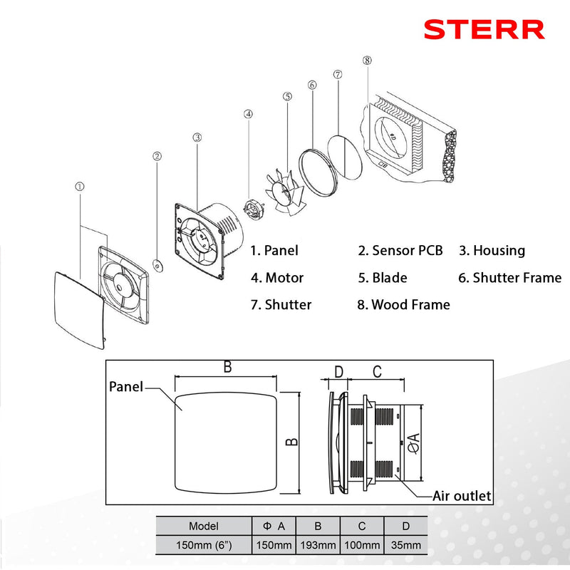 Leiser Badezimmerlüfter mit Timer 150 mm / 6"- LFS150-QT